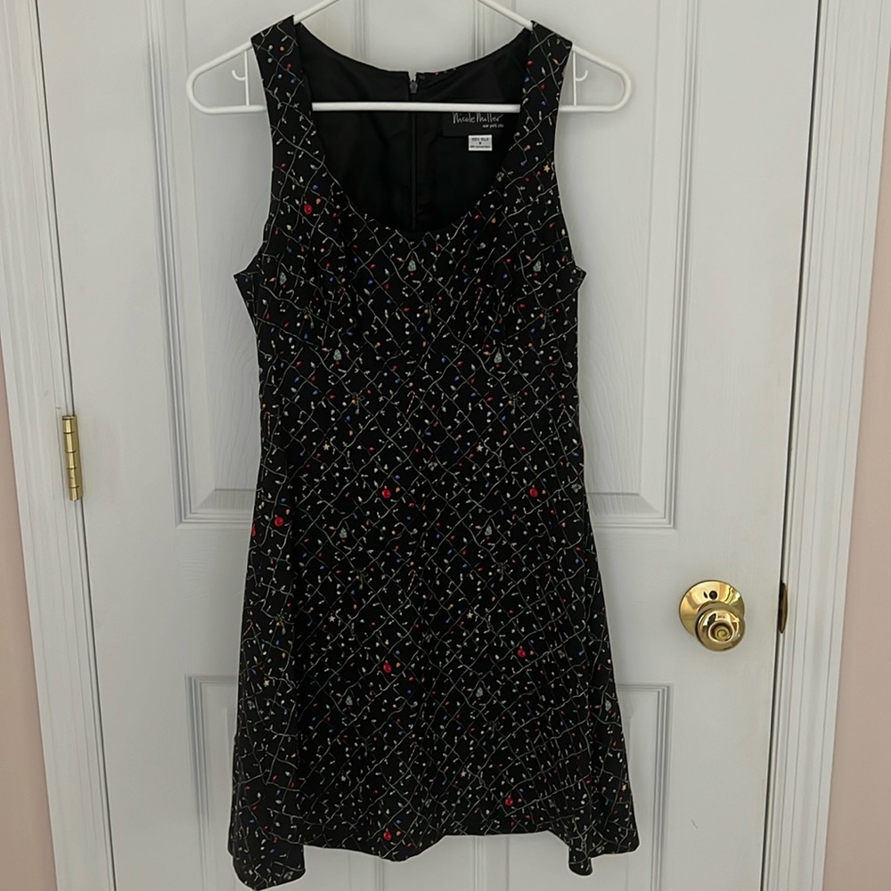 Nicole Miller silk Christmas lights little black dress